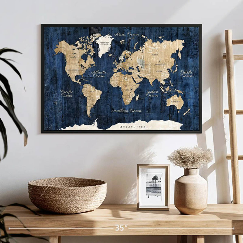 Carte du monde en bois texturé, 25 po x 17 po, Cadre flottant noir