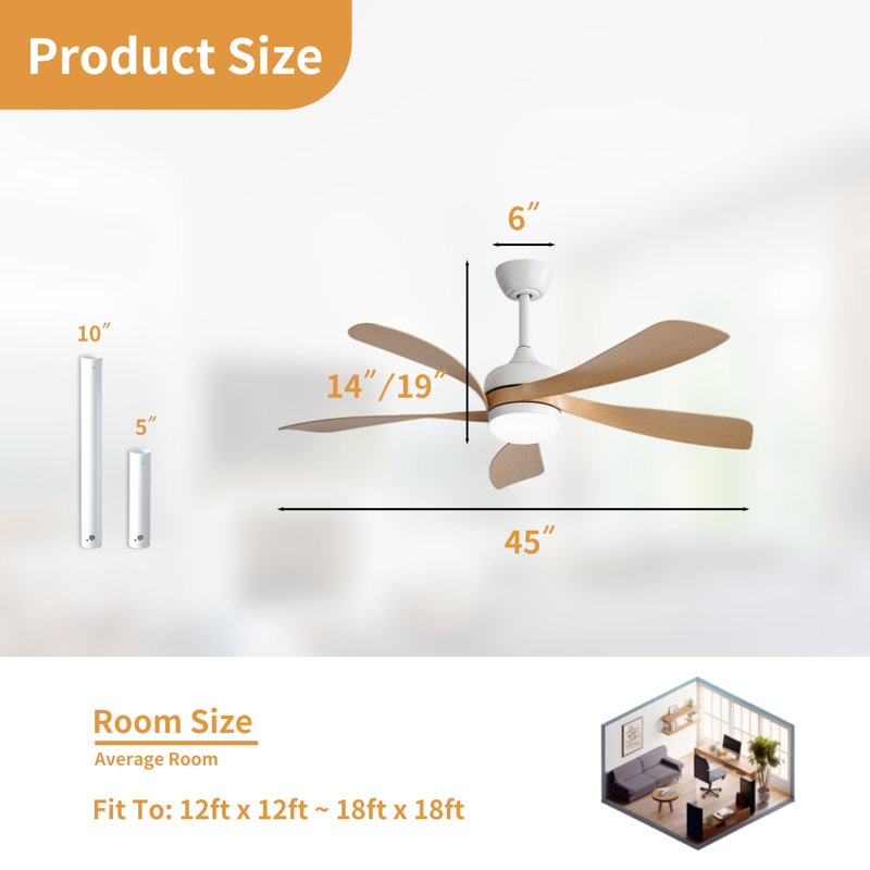 TurboBreeze 45'' - 5 Blade Modern Ceiling Fan with Dimmable Light Kit and Remote Control, 45" , White/Oak