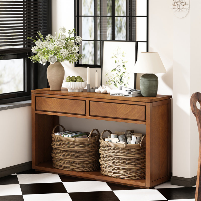 55" Console Table, Rustic Wooden Entryway Table With Storage Drawers And Open Shelf, Elegant Sofa Table For Hallway And Living Room