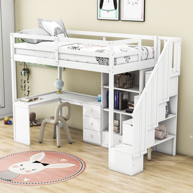Haken Kids Twin Loft Bed with Drawers, White