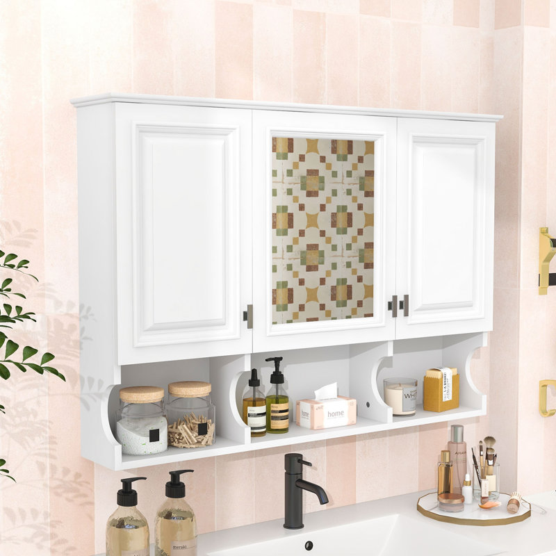 Armoire à pharmacie murale à miroir avec tablettes réglables, portes et rangement ouvert, Blanc