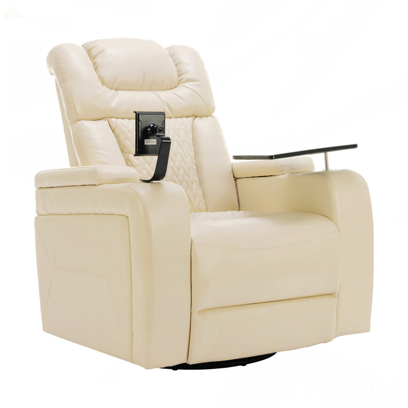 Fauteuil inclinable électrique pivotant de 270 degrés en cuir polyuréthane avec plateau, Simili cuir blanc