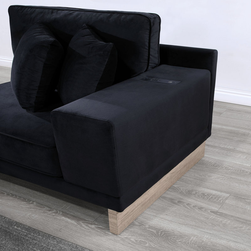 Canapé-lit modulaire réversible en velours noir de 122,5 po avec compartiment de rangement, tiroir, ports USB et prises de recharge