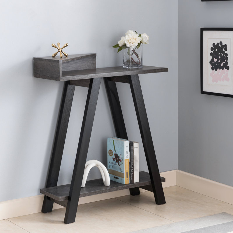 Console contemporaine noire et grise avec 2 tablettes, des pieds en forme de A, un plateau de table spacieux pour la décoration, un espace de rangement supplémentaire, un poids maximal de 10 lb, un panneau de particules moderne à deux tons, en forme de A