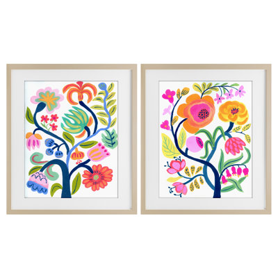 Colorful Boho Blue Tree 2pc Framed Print Under Glass Set, design by Suzanne Allard
