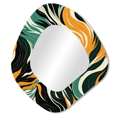 Jungle Majesty en orange et vert I - miroir asymétrique abstrait, miroir mural unique de forme unique orange, impression d'art en métal