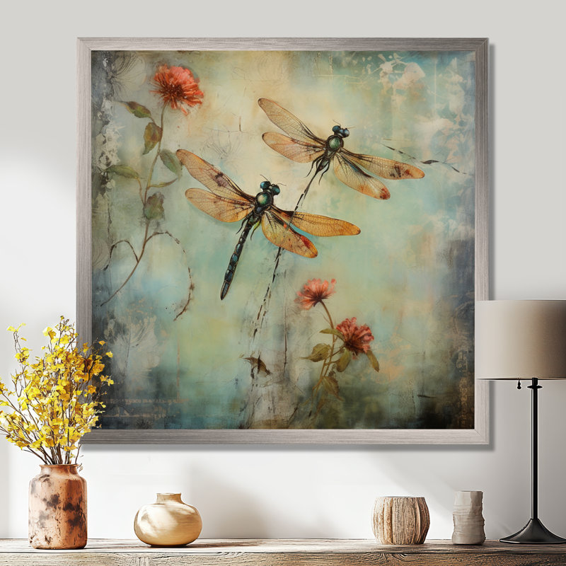 Art rétro sur toile, libellule volante, H 36 po x l 36 po, Cadre photo unique, Argent argent