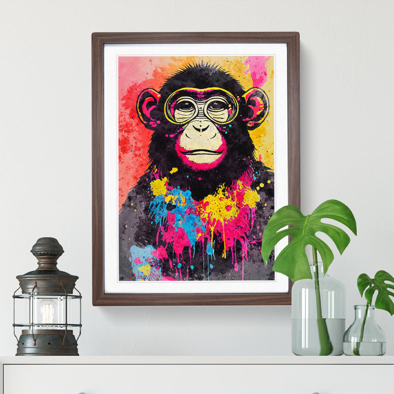 Monkey Paint Splash No.4 - Framed Print, 34cm H x 25cm W x 2cm D, Walnut