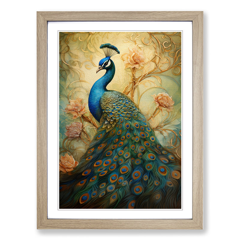 Peacock Tachisme - Single Picture Frame Print on Wood, Oak Framed, 64cm H x 46cm W x 2" D