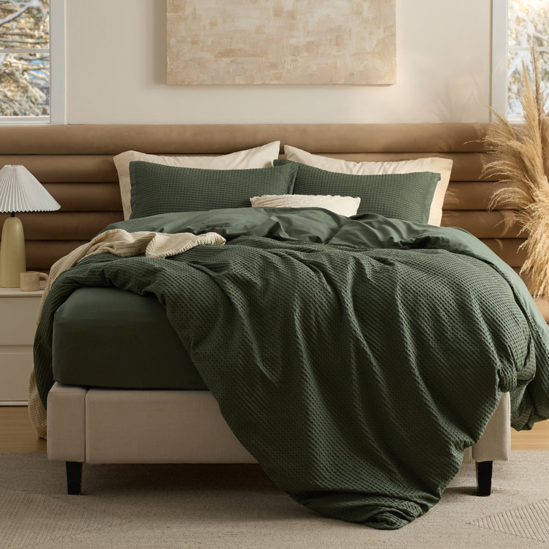  Bedsure 100% Cotton Duvet Cover King Size with Fitted Sheet - Waffle Weave Bedding Set （Set of 4）, Bronze Green