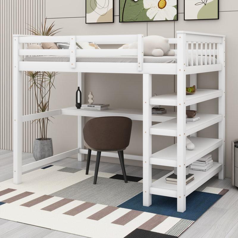 Lit mezzanine en bois de pin massif avec bureau sous le lit et tablettes de rangement, Lit double