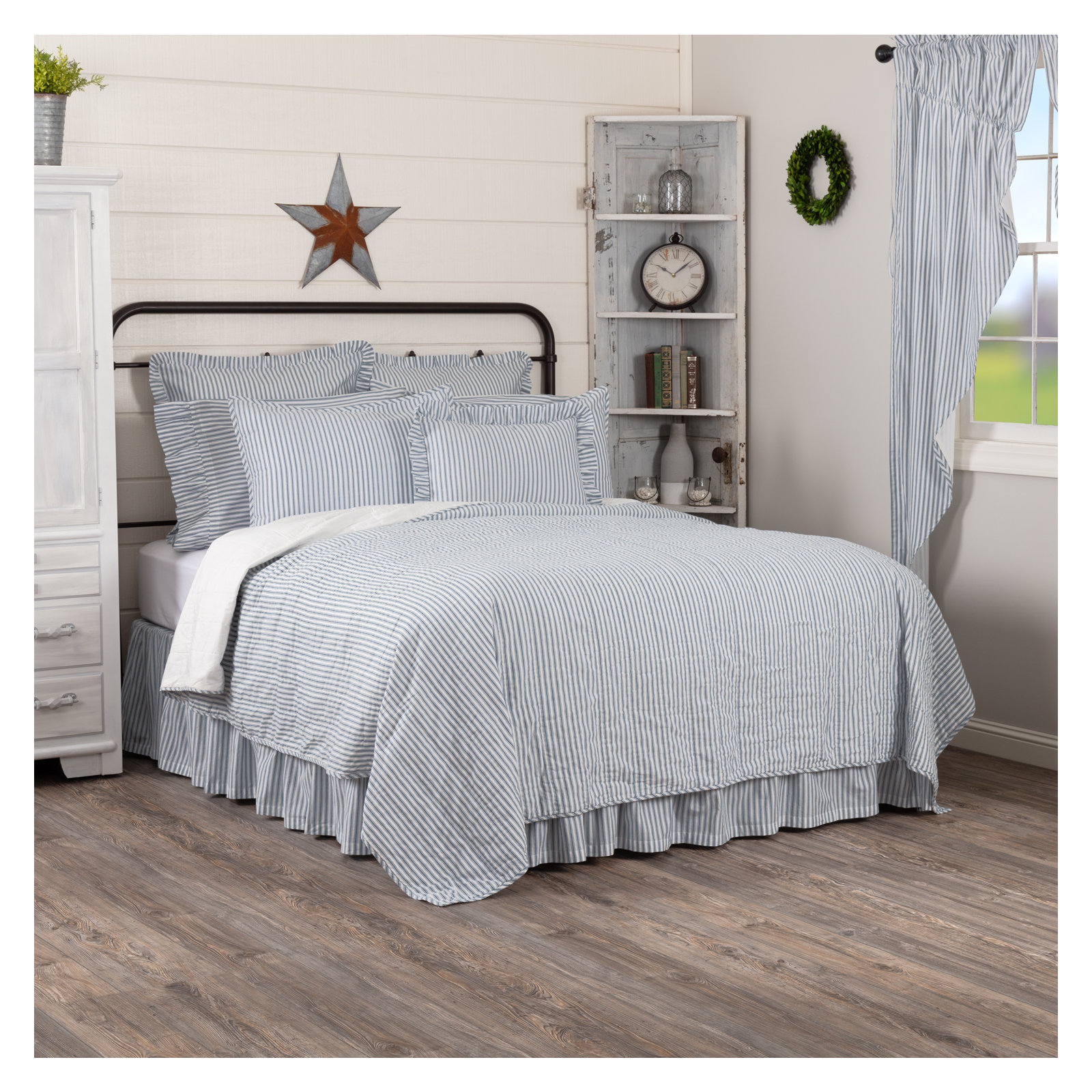Sawyer Mill Ticking Stripe Quilt Coverlet, King, Demin Blue & Soft White