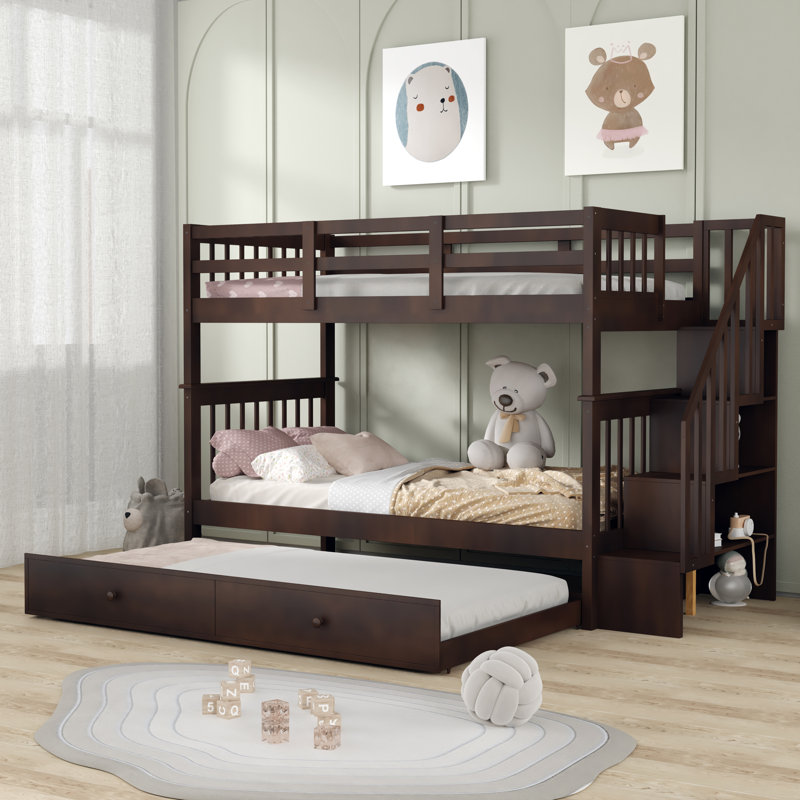 Eulah Kids Twin Over Twin Bunk Bed with Trundle with Drawers, Espresso