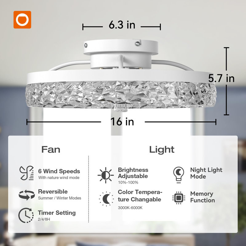 16'' Smart LED Ceiling Fan with Light and Remote APP Control, White