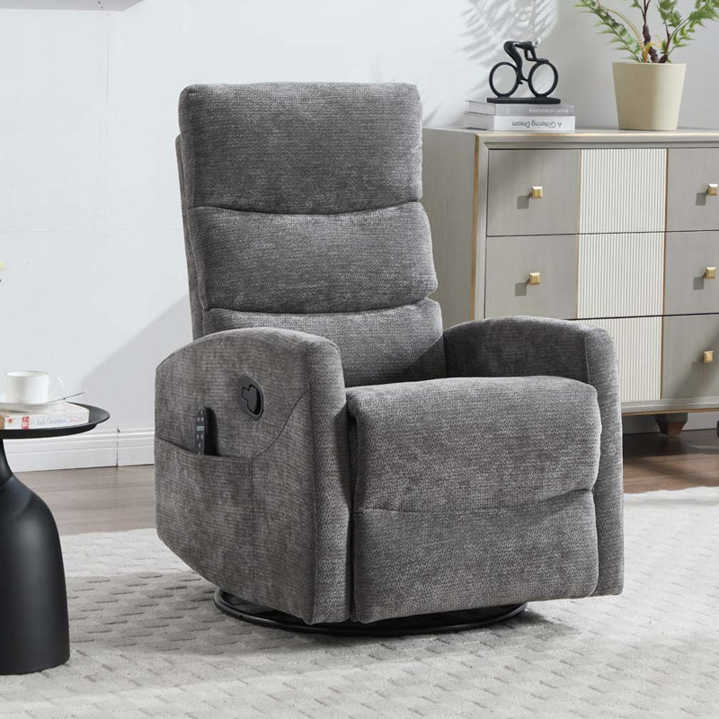 Chenille Heat Massage Manual Recliner Chair with Rocker and Swivel, Gray, Manual - Handle / Lever, Chenille