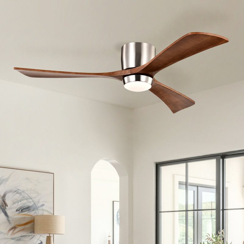 52" 3-Blade LED Standard Ceiling Fan with Remote Control and Light Kit for Living Room, Nickel/Brown Wood