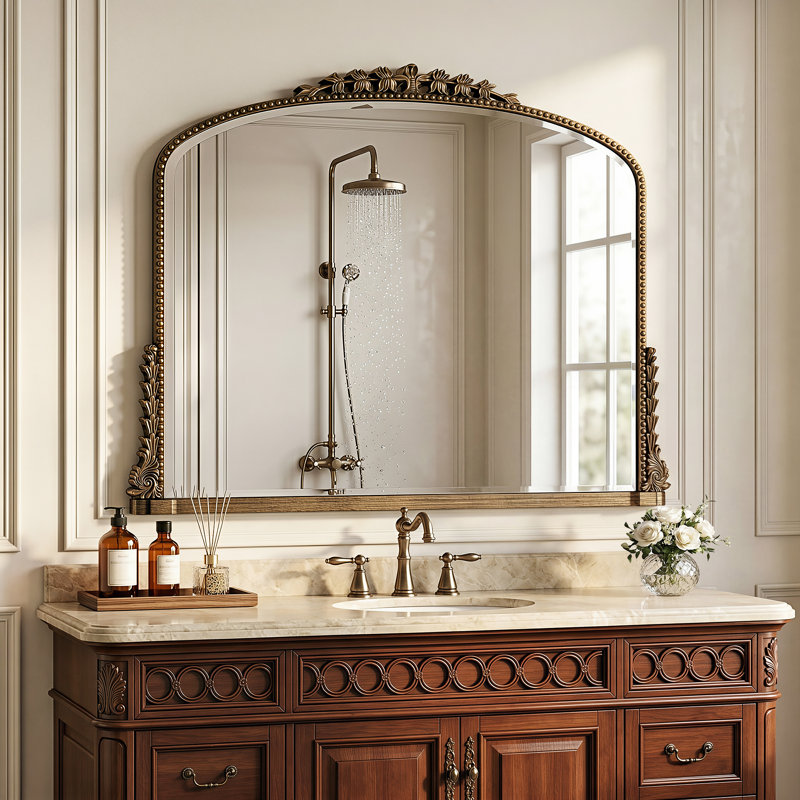 Miroir de salle de bain rétro gravé, miroir mural arqué, 32"×40", Bronze ancien