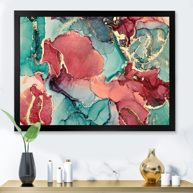 Bleu et mauve luxueux abstrait fluide X - peinture sur toile, H 16 po x l 32 po, Cadre d'angle fermé noir