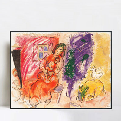 Art encadré sur toile, "Mère et enfants" par Marc Chagall, art mural pour salon, décorations pour bureau à domicile (cadre en bois de couleur mince, 18 po x 24 po)
