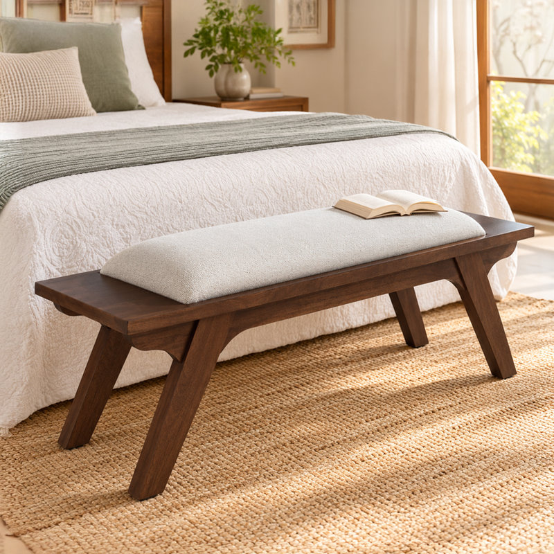 Noah Solid Wood Bench with Upholstered Cushion Seat, Walnut
