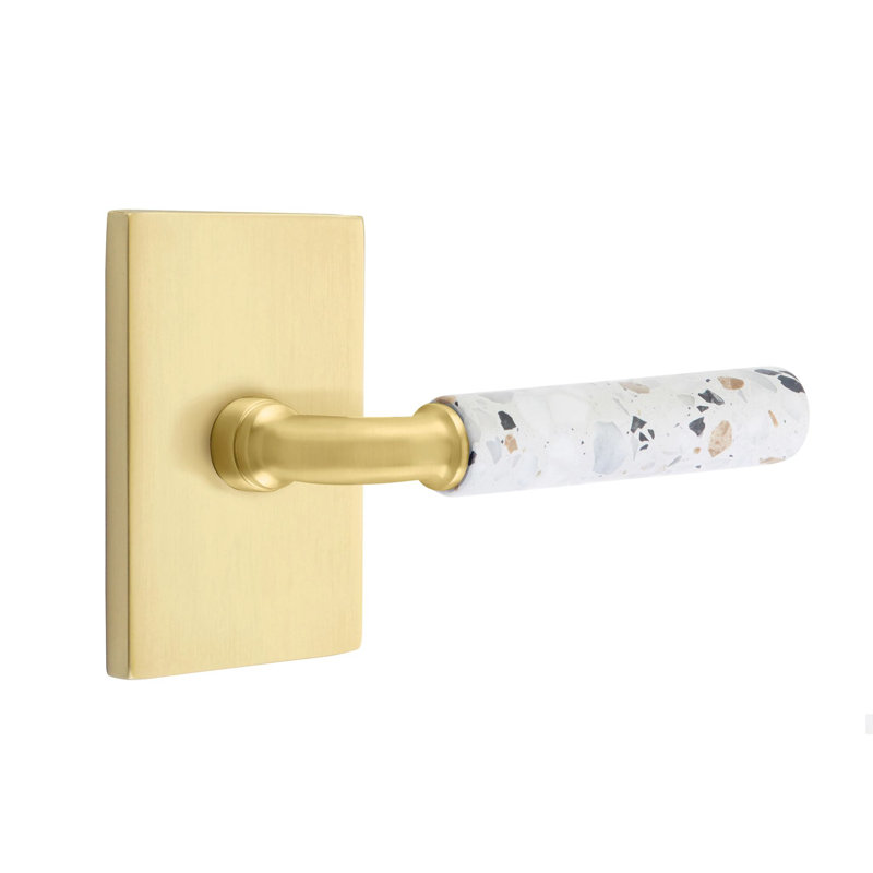 Mortaise d'intérieur Select Select avec rosette rectangulaire moderne et tige de barre R, levier Terrazzo, Laiton satiné, Oui