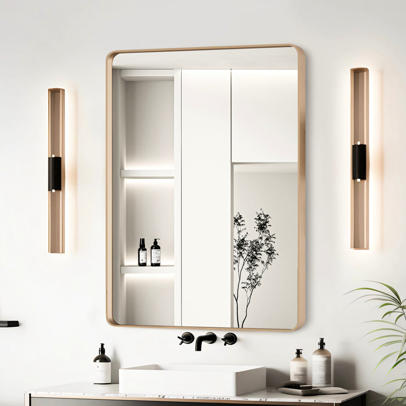 Miroir de salle de bain cadre en aluminium doré 22 x 30 pouces, reflet transparent, cadre rouille, membrane de preuve et livraison sécuritaire dans un emballage protecteur