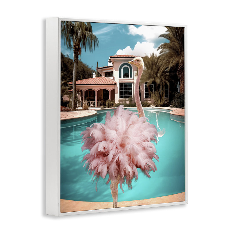 Art giclée d'autruche rose à plumes par Ziwei Li, Giclée encadrée blanc bord de mer, H 30 po x l 24 po