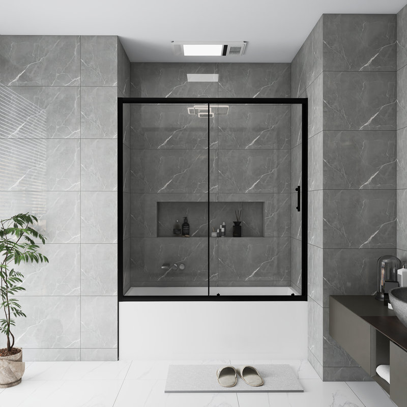 60.In W X 62.In H Bathtub Shower Screen | Single Sliding | 1/5 Inch Thick Transparent Tempered Glass | With Stainless Steel Handle | Black