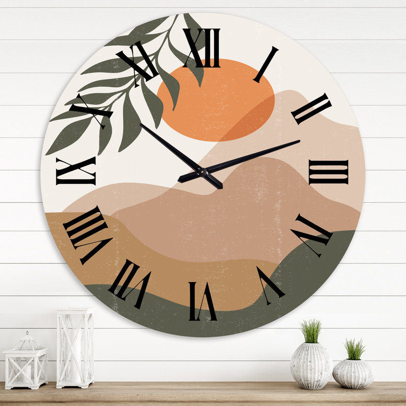 Abstrait lune rouge dans les montagnes aux tons de terre I - horloge murale moderne, Grand