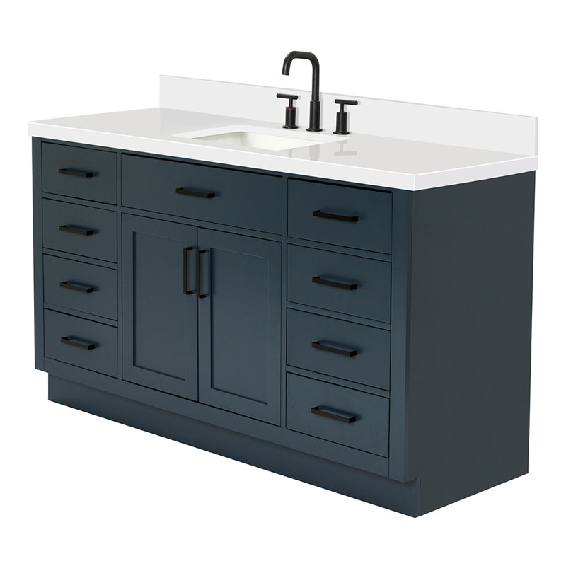 Meuble-lavabo simple en bois massif Tidworth avec plateau en quartz blanc de 1,5 po, Bleu minuit, Forme rectangulaire