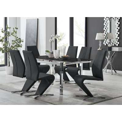Tierra Modern Glass & Metal Extendable Dining Table Set & 6 Luxury Faux Leather Dining Chairs