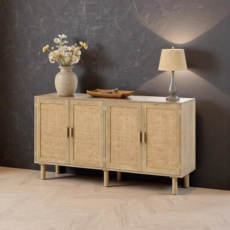 Rattan Storage Cabinet with Bohemian Flair, 62.2" Wide Hall Sideboard Buffet Cabinet for Living Room, Natural