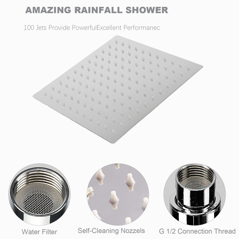 Pomme de douche à pluie avec bras d'extension réglable de 11 pouces - Grande pomme de douche carrée à haut débit en acier inoxydable pour une couverture complète du corps