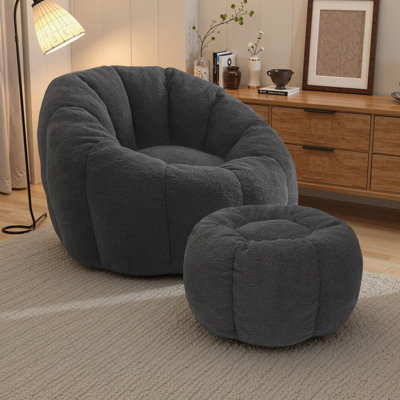 Compression 40"W Comfy Pumpkin Bean Bag Couch Sofa Chair,Soft Teddy Fabric Bean Bag Chair With Ottoman