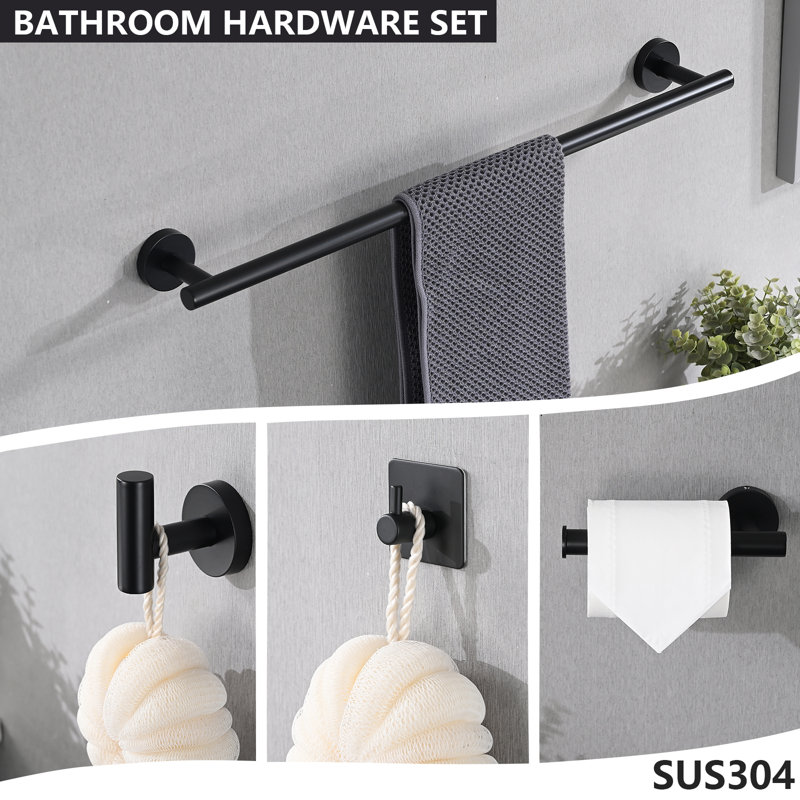 Bathroom Hardware 5-Piece Bath Hardware Set With Towel Bar, Robe Hook, Toilet Paper Holder In Matte Black