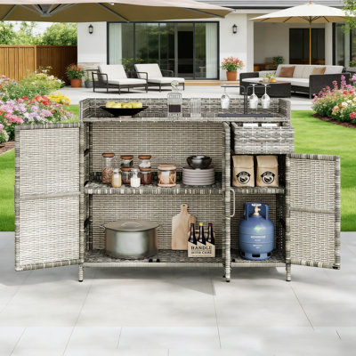 47.5" W All-Weather Wicker Outdoor Storage Cabinet & Buffet Server with Tempered Glass Top, Adjustable Shelves and Drawer