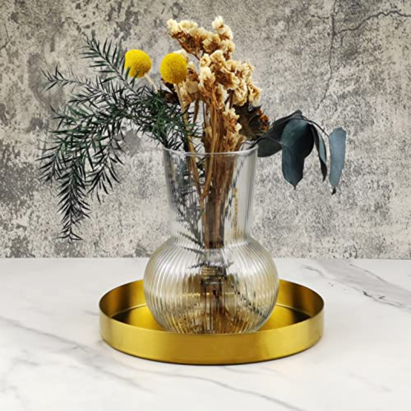 Round Serving Tray, Perfume Organizer Candle Organization Centerpieces For Dinning Preppy Room Decor Coffee Table Desk Vanity Countertop Bathroom Storage Accessories, Brass Gold, 8 Inch