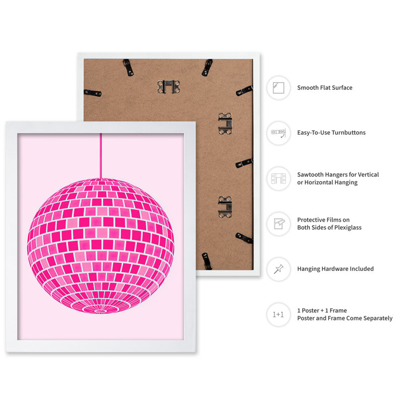 Boule disco rose, Affiche, H 24 po x l 32 po, Encadrement blanc