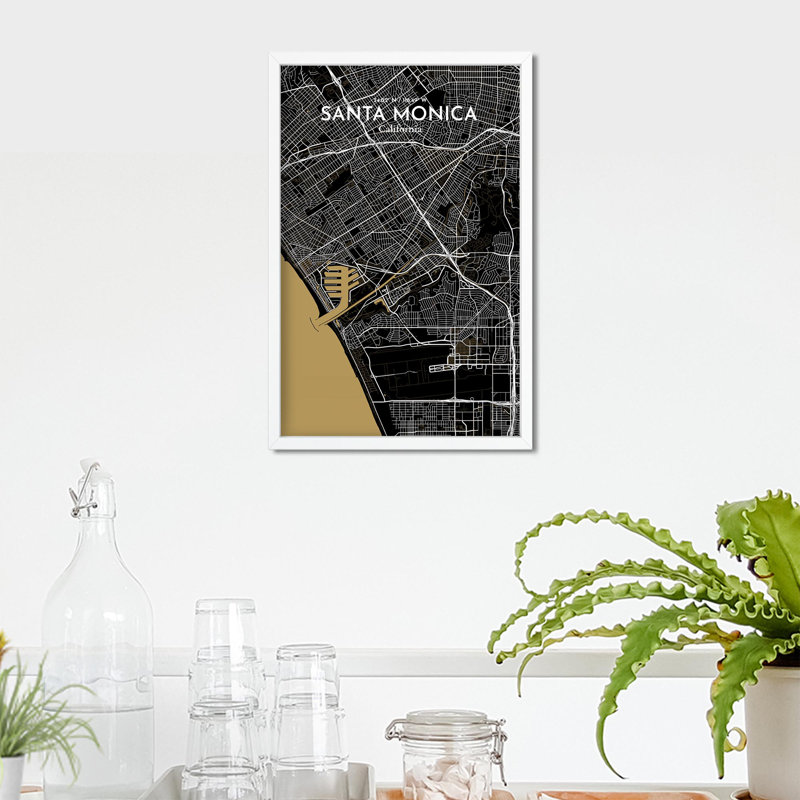 Santa Monica, carte de la ville, impression, H 17 po x l 11 po, Noir et or