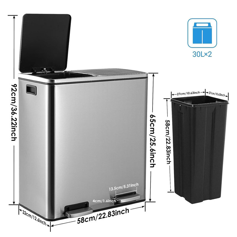 Stainless Steel 60 Liter Step-On Recycling Bin