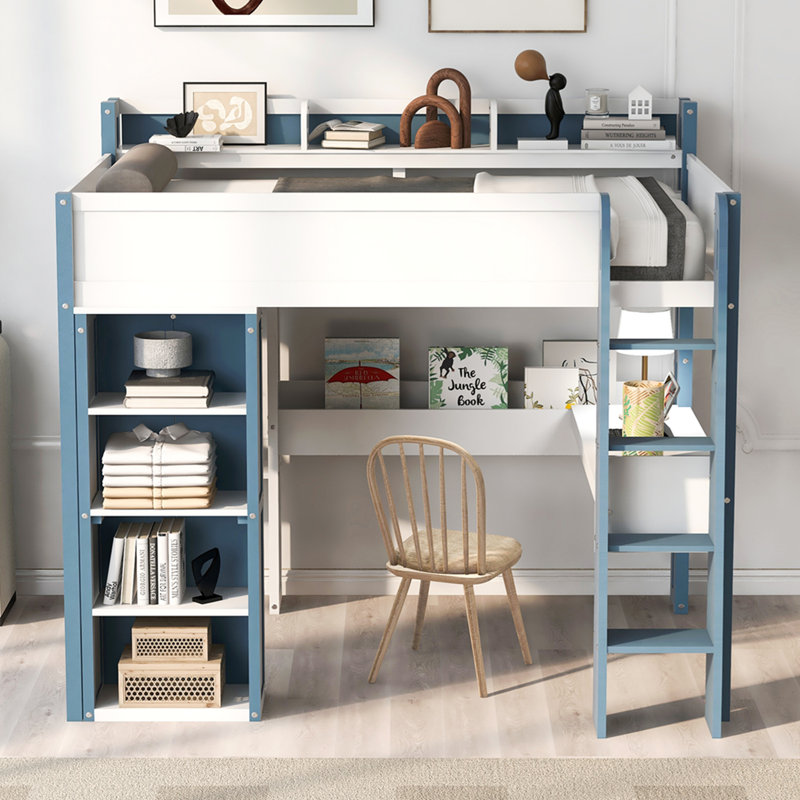 Lit mezzanine double en bois pleine grandeur avec tablettes de rangement intégrées, tringles à vêtements et bureau, blanc et bleu
