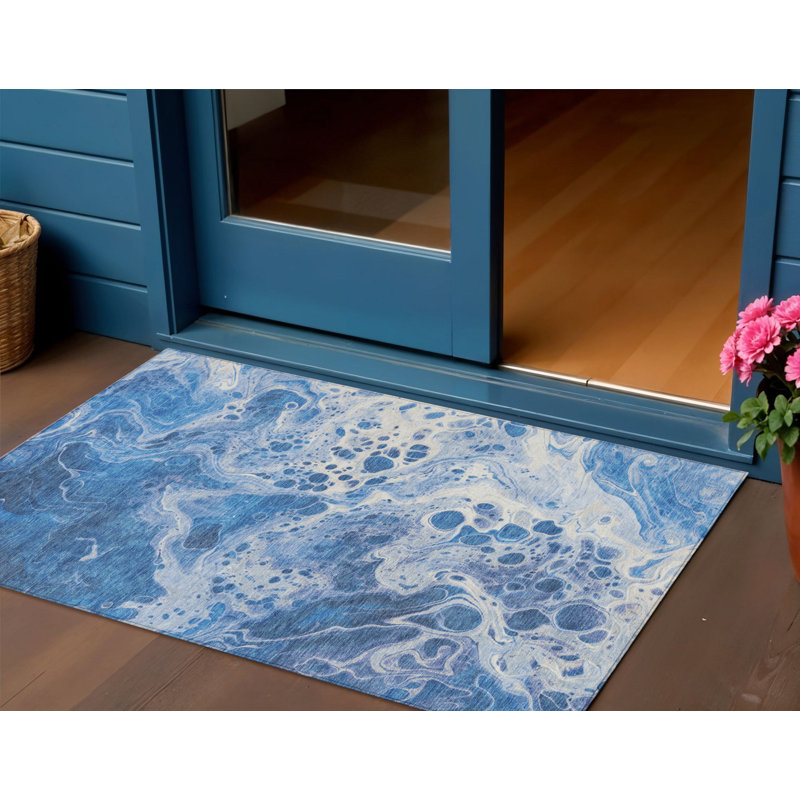 3' X 5' Navy Blue And Ivory Abstract Washable Indoor Outdoor Area Rug