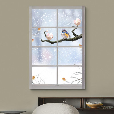 Fenêtre de paysage «Window View Finch Birds Cherry Blossom Winter Tree Nature Scenic Landscape» sur toile