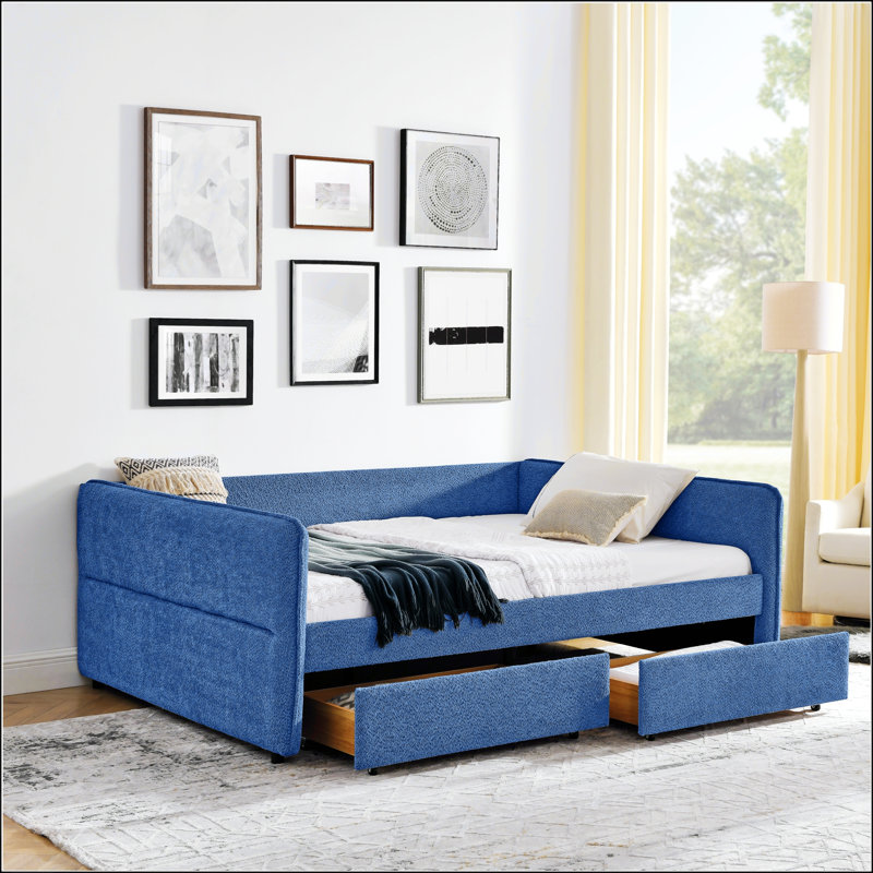 Grand lit de jour avec deux tiroirs, canapé-lit capitonné en tissu Boucle pour plus de confort et de rangement, Bleu