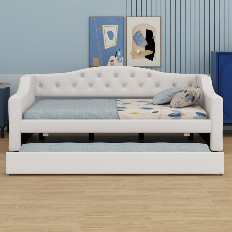 Upholstered Daybed With LED Belt And Trundle, Beige