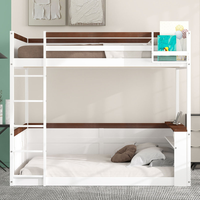 Queen Wooden Bunk Bed With Shelves & USB Charging, White