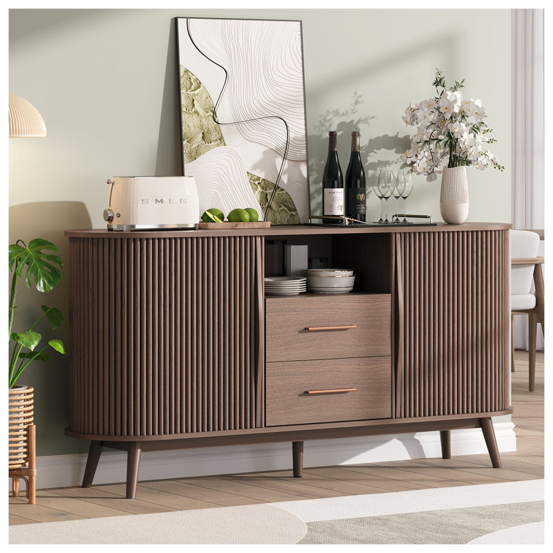 Sideboard Buffet Cabinet With Storage, 63" Mid Century Modern Buffet Table With Doors, Drawers And Shelf, Fluted Console Cabinet With Solid Wood Legs For Kitchen, Living Room, Entryway, Walnut
