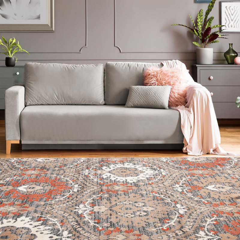 Tapis floral rouille 8 pi x 10 pi résistant aux taches