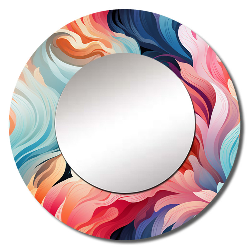 Rose et bleu électrique tourbillonne infusion - grand miroir mural abstrait, miroir décoratif rond moderne, art imprimé en métal
