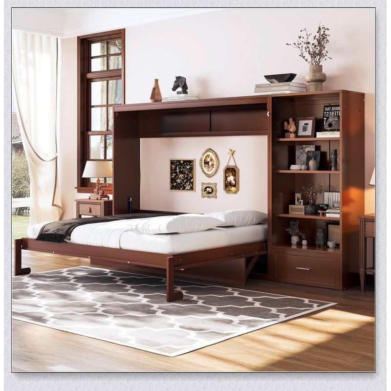 Grand lit escamotable avec rangement réglable en hauteur, cadre de lit mural avec tiroir pour une meilleure efficacité